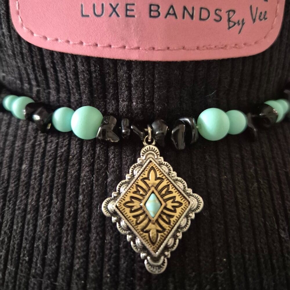 Cowgirl Western Hat Band Turquoise Beads & Metal Diamond Pendant
